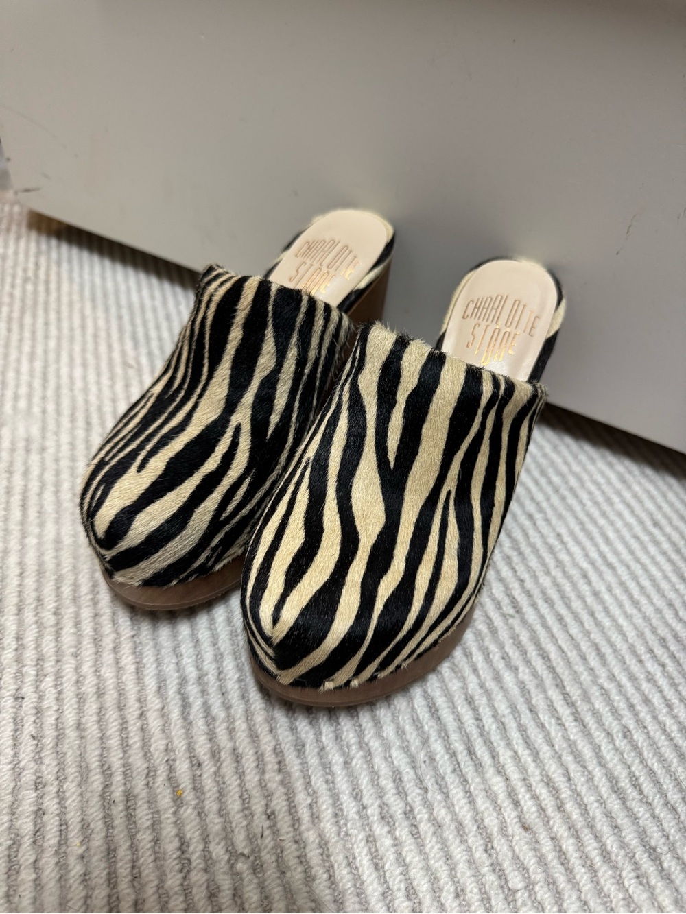 Charlotte Stone Zebra Print Slip-On Mule Platform Clogs - Black & Cream Wood - Picture 7 of 7